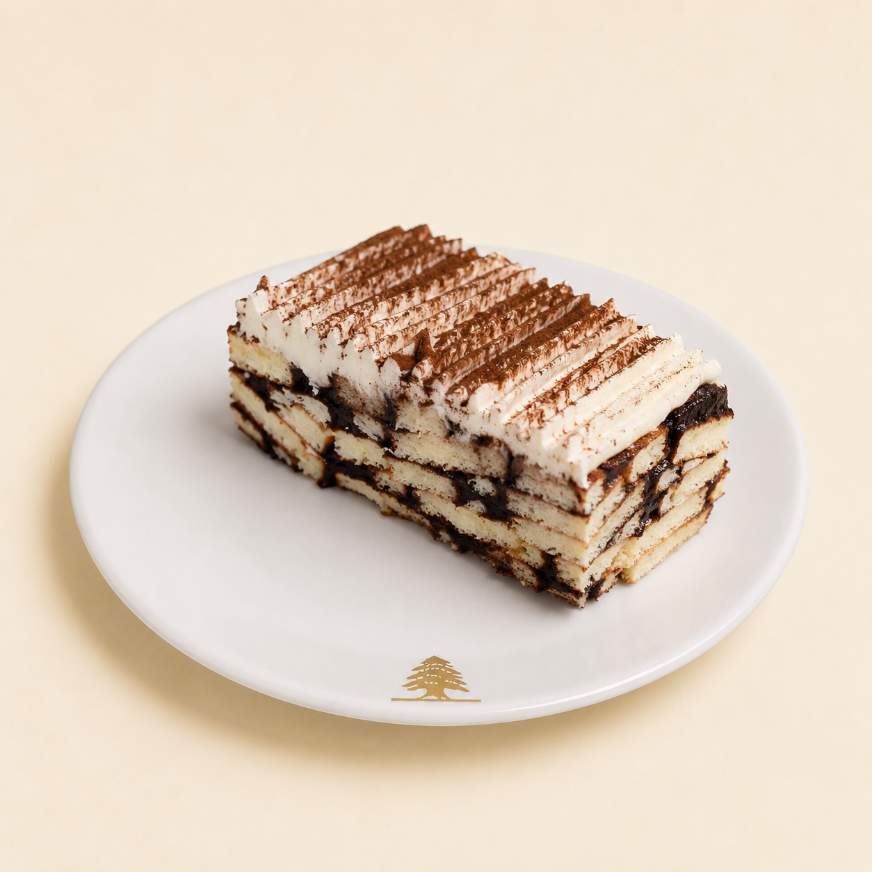 Slice of chocolate lazy cake with piped cream topping